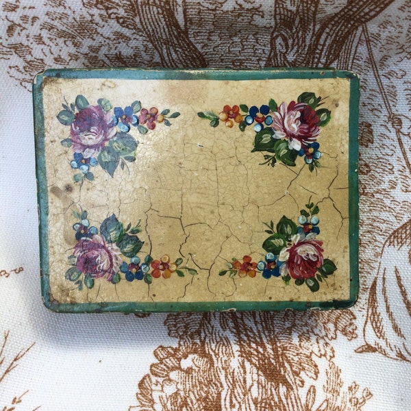 Antique French Toleware Box. Late 1800s 19th Century. Roses and Swags. Trois Quartiers. Shabby Chateau Chic. Brocante. Tole Objet D'Art.