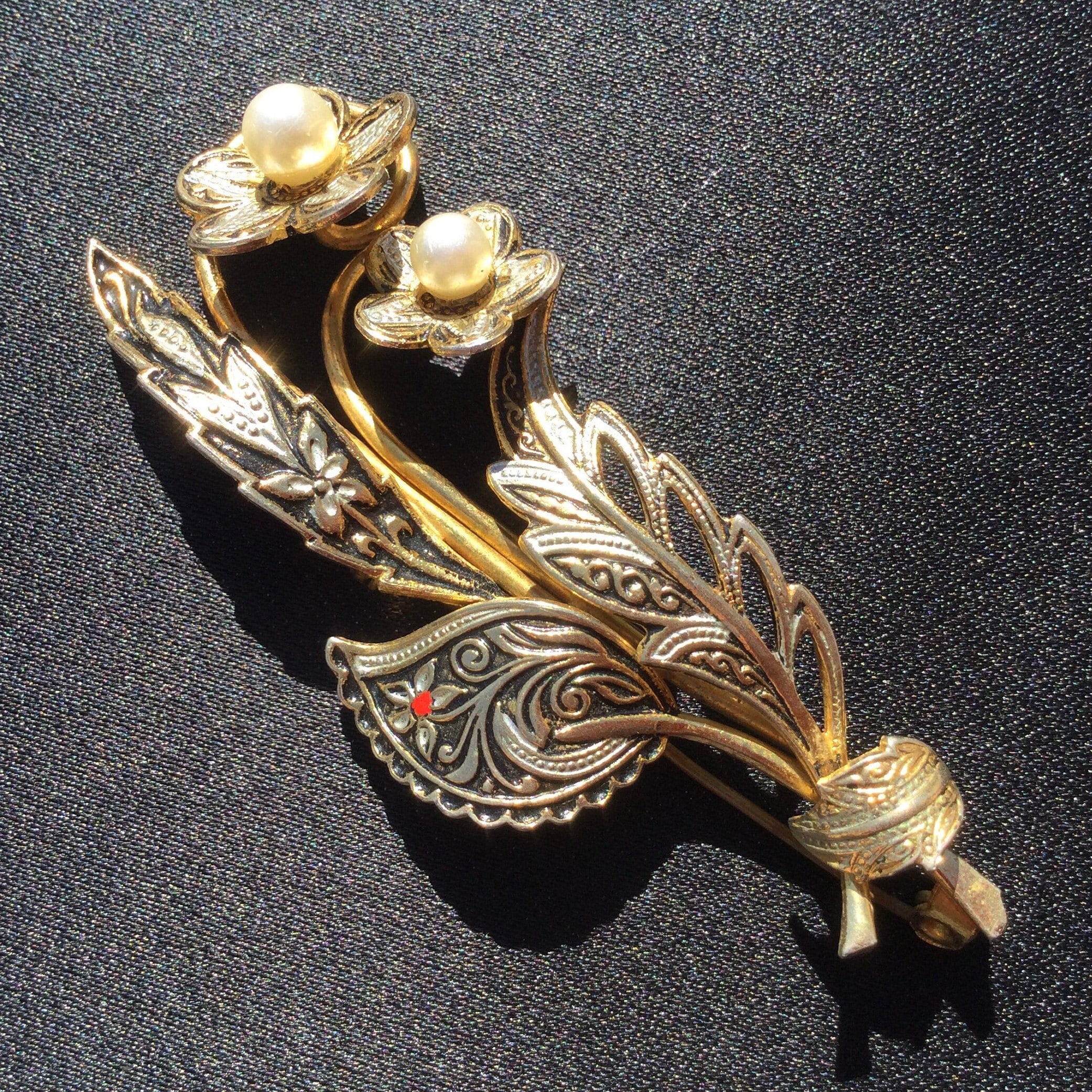 Broche vintage oiseau damascène or de Tolède - Jeronine Vintage