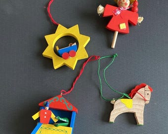 4 Vintage Erzgebirge Christmas Decorations. Christian Ulbricht Wooden Tree Ornaments. Mr Punch & Crocodile. Horse. Baby. Scarecrow. Germany.