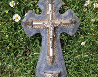 Antique French Blue-Grey Velvet Benitier Catholic Crucifix Holy Water Font Stoup. Early 1900s. Religious Timeworn Very Shabby Chateau Decor.