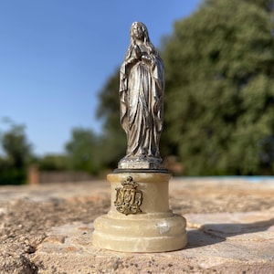 Antique Virgin Mary Statue. Notre Dame de Lourdes Silver Plated Metal Figurine. Alabaster Plinth. Tiny 3 Inches Tall. French Religious Gift.