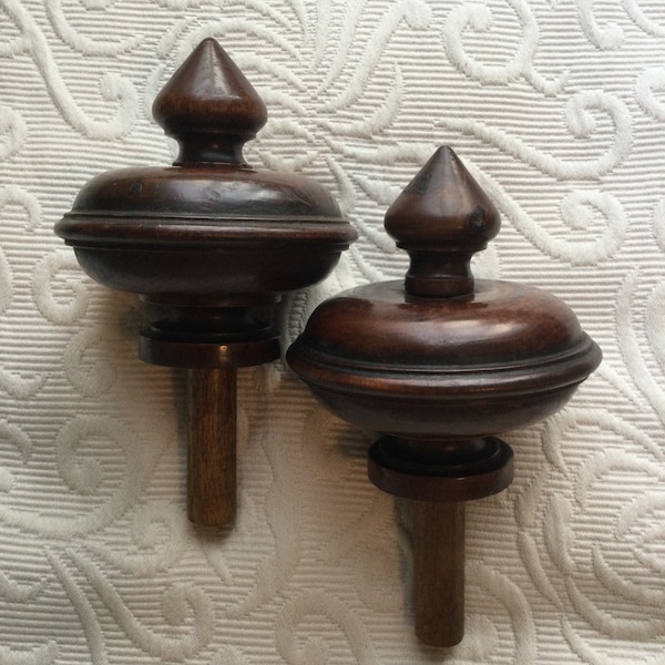 Pair of Antique Wooden Finials. Hand Turned & Polished. 4.3 Inch Vintage French 1920s Banister. Curtain Pole. Tie-Backs.