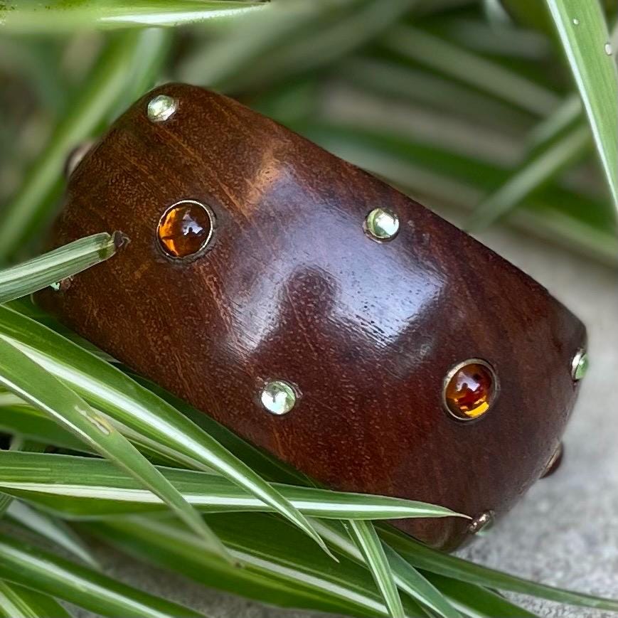 Vintage Wooden Bangle with Inset Cabochons. Chunky 1970s Mcm Cuff…