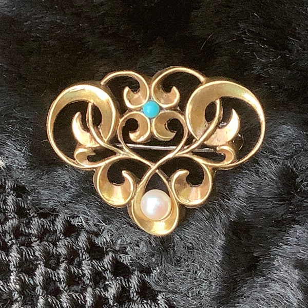 Vintage Art Nouveau Brooch. Faux Turquoise and Pearl. 1980s Revival Piece. Liberty Lalique Tiffany Gaillard. Vintage Jewellery Perfect Gift!