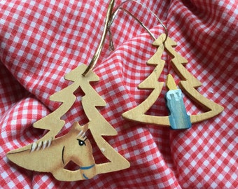 Vintage Erzgebirge Christmas Tree Decorations. Flat Wooden Cut-Out and Hand-Painted Horse & Candle. German Traditional. Equestrian Gift Wrap