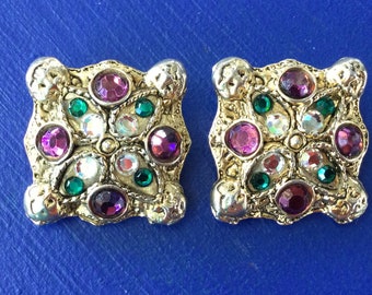 Stunning Vintage Clip Earrings. Purple Green and Clear Crystals. Retro Jewellery. 1980s Runway Statement Clip-on. Rhinestone. Swarovski.
