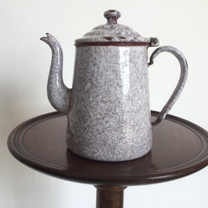 Antique Enamel Coffee Pot. French 1920s. Brown Splatterware. Rustic Shabby Timeworn Patina. Country Farmhouse Table Dresser Jug Pitcher Vase