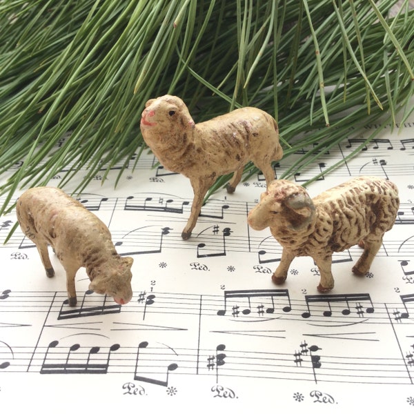 3 Vintage 1930s Sheep. Ram & Ewes Trio. Stick Legs. Elastolin Composite German Collectable Figures. Nativity Farmyard Toys. Easter Christmas