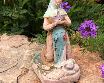Antique Lourdes Statue Bernadette Soubirous. French 1900s Plaster. Painted Shabby Chippy Timeworn. Religious Decor Gift. Home Worship. Altar
