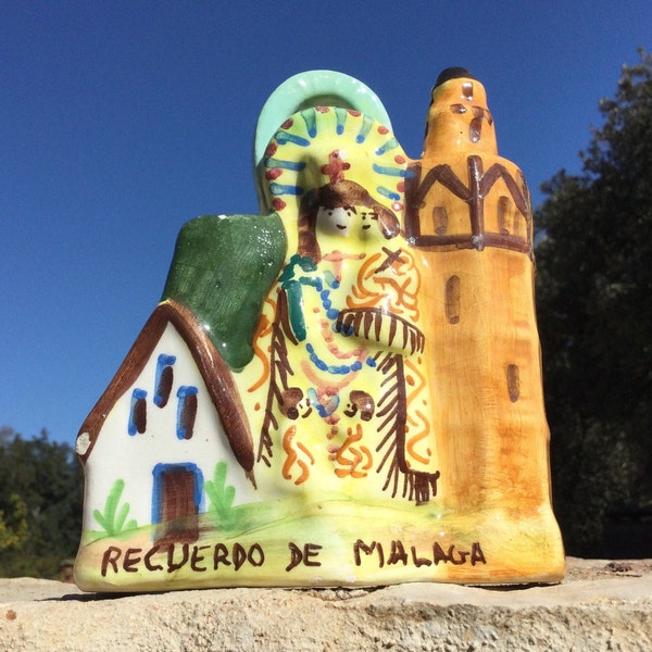 Vintage Spanish Botijo. Mid-Century Souvenir from Málaga. Cathedral of Incarnation. Madonna & Child. Recuerdo. MCM Ceramic Ornament. Spain.