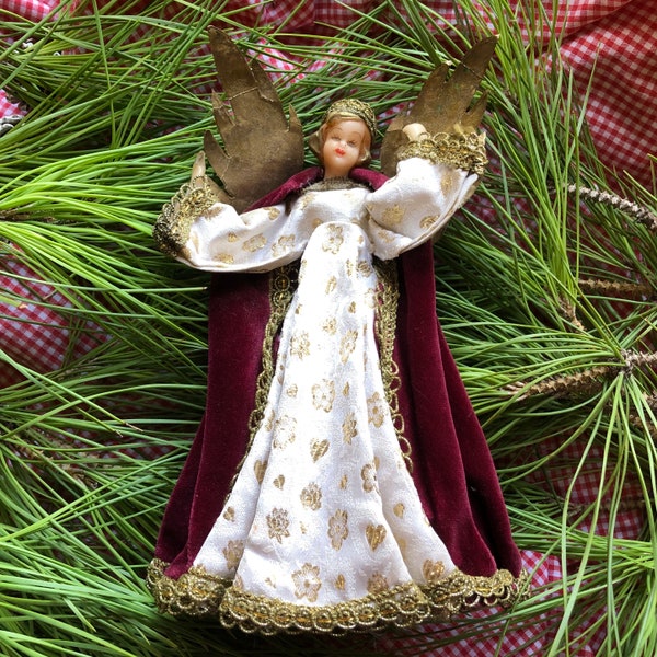 Vintage Wax Christmas Tree Angel. German Topper. 1950s Hand-Painted Face. Shabby Timeworn. Gold Brocade. Nurnberger Weihnachts. Mid-Century.