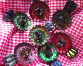 Seven Shabby Vintage Tin Candle Clips. German Antique Christmas Tree. Metallic Red Green Blue. Rustic Xmas Decor. Metal Toleware. Collector.