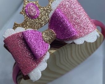 Disney Sleeping Beauty Aurora inspired Glitter Hair Bow 3” or 4” can be placed Alligator clip or Alice Band