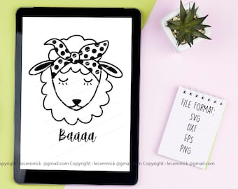 May include: Black and white digital download of a sheep with a bow on its head. The sheep is wearing a bow with polka dots. The text "Baaaa" is below the sheep.