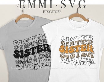 May include: A digital design featuring the text "Sister Crew" in a layered, stacked, and overlapping style. The text is in black with a leopard print pattern. The design is suitable for use on t-shirts, mugs, and other crafts.