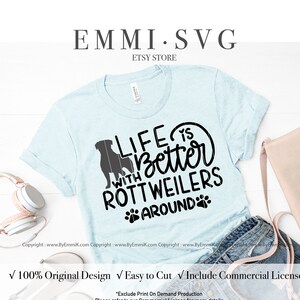 May include: A digital download of a black and white graphic design featuring a Rottweiler silhouette and the text "Life is better with Rottweilers around".