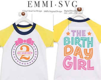 May include: Two digital designs for a birthday shirt. One design features a pink bow and the number two in a circle with the text "Add Your Name". The other design features the text "The Birthday Girl" in colorful letters.