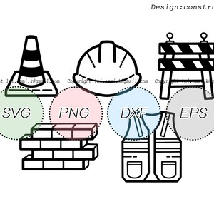 May include: A set of construction icons in black and white, including a traffic cone, hard hat, construction barriers, and a safety vest. The icons are labeled with the file formats SVG, PNG, DXF, and EPS.