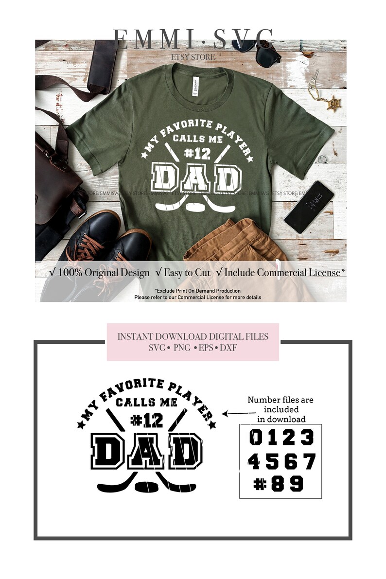 以下が含まれることがあります： 白いグラフィックデザインが施された緑色のTシャツ。デザインには「My Favorite Player Calls Me #12 Dad」という文字と、その文字の後ろに交差した2本のホッケーのスティックが描かれています。グラフィックは、黒いアウトラインでヴィンテージスタイルになっています。Tシャツは、茶色の革製のバッグ、茶色のズボン、黒い靴などのアイテムと一緒に、木製の表面に置かれています。