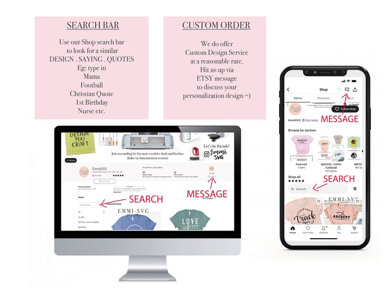 May include: A computer screen displaying a website with a search bar and a message button. The website is for a shop that sells custom designs. The text on the screen says "Design You Craft" and "Let's be friends! Emmi SVG". The screen is on a white desk. A smartphone is also shown with a similar website, with a search bar and a message button. The text on the phone says "Browse by section" and "Shop all".
