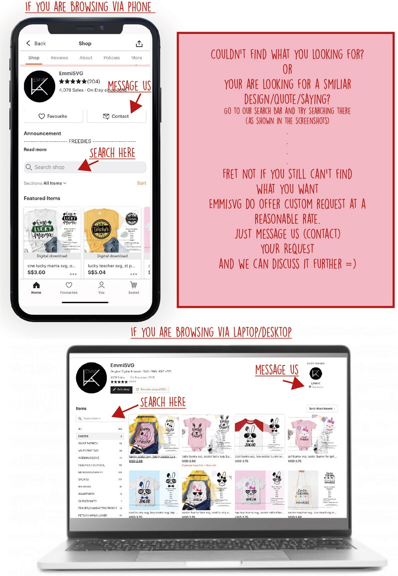 May include: A screenshot of a website for a digital design shop called EmmiSVG. The website is shown on a phone and a laptop. The website features a search bar, a message us button, and a variety of digital designs for sale. The designs include a variety of themes, such as "One Lucky Mama", "Teacher", and "Jacob".