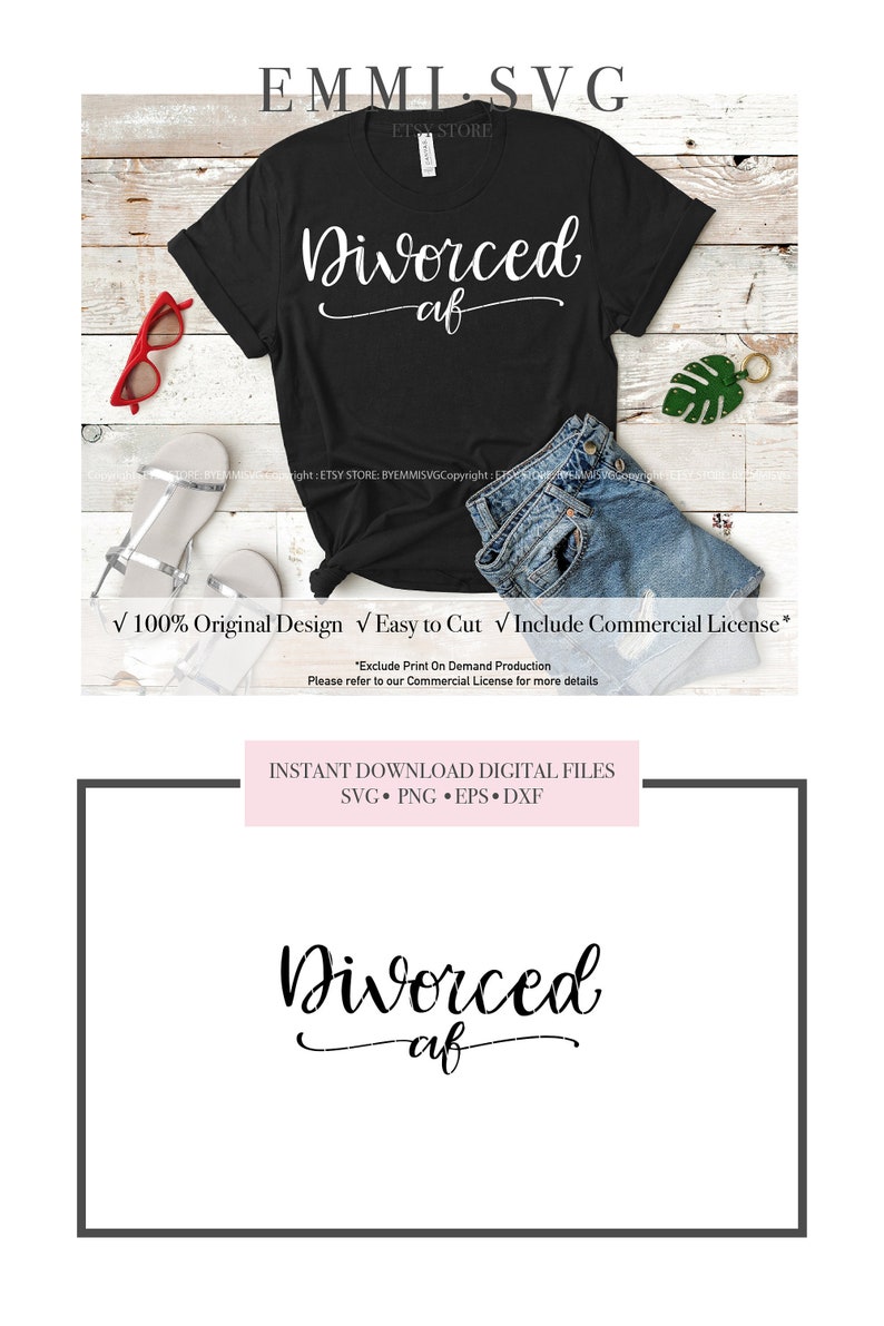 K&ouml;nnte beinhalten: Ein schwarzes T-Shirt mit wei&szlig;em Text, der "Divorced af" lautet. Das Shirt liegt auf einer Holzoberfl&auml;che mit einer Sonnenbrille, Sandalen und einer Jeans-Shorts.