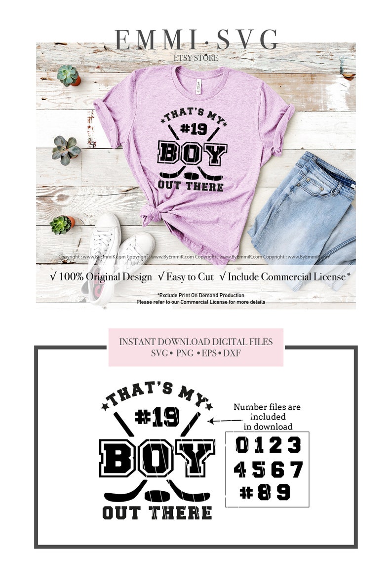以下が含まれることがあります： 「That's My #19 Boy Out There」という黒と白のグラフィックデザインのデジタルダウンロード。テキストの後ろに交差した2本のホッケーのスティックがあります。グラフィックデザインは星のある円に囲まれています。数字ファイル0-9と#はダウンロードに含まれています。
