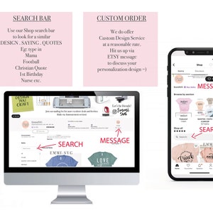May include: A computer screen displaying a website with a search bar and a message button. The website is for a shop that sells custom designs. The text on the screen says "Design You Craft" and "Let's be friends! Emmi SVG". The screen is on a white desk. A smartphone is also shown with a similar website, with a search bar and a message button. The text on the phone says "Browse by section" and "Shop all".