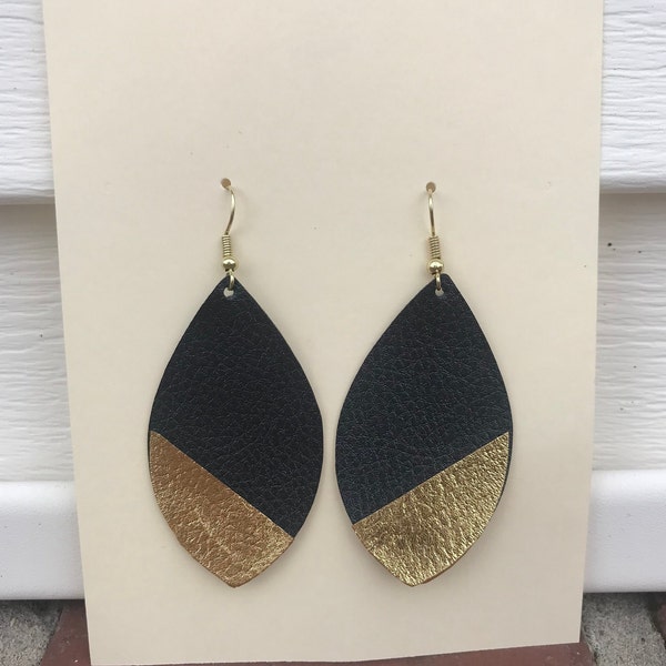 Faux Leather Black & Gold Leaf Shaped Earrings