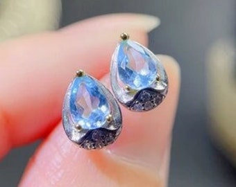 Natural Topaz Studs Earrings, 925 Sterling Silver, Studs Earrings, Blue Topaz Earrings, Luxury Earrings, Pear Cut Stone Earrings