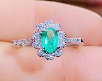 Natural Emerald & Cubic Zirconia Woman Ring, 925 Sterling Silver, Emerald Ring, Statement Ring, Engagement and Wedding Ring