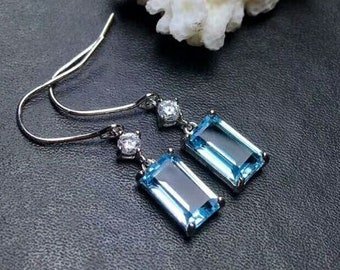 Natural Sky Blue Topaz Drop Earrings, 925 Sterling Silver, Studs Earrings, Blue Topaz Earrings, Luxury Earrings, Emerald Cut Stone Earrings