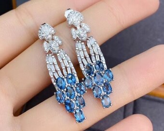Natural Blue Topaz Drop Earrings, 925 Sterling Silver, Drop Earrings, Blue Topaz Earrings, Luxury Earrings, Oval Cut Stone Earrings