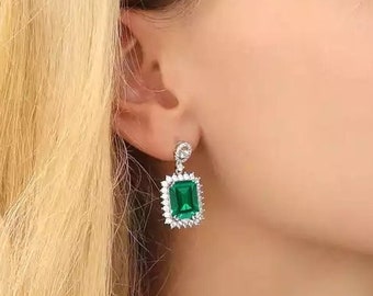 Lab Emerald Drop Earrings, 925 Sterling Silver, Emerald Drop Earrings, Emerald Silver Earrings, Luxury Earrings, Emerald Cut Stone Earrings