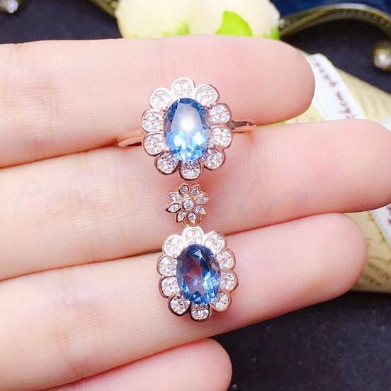 Natural Blue Topaz Jewelry Set Engagement Ring Blue Topaz Etsy