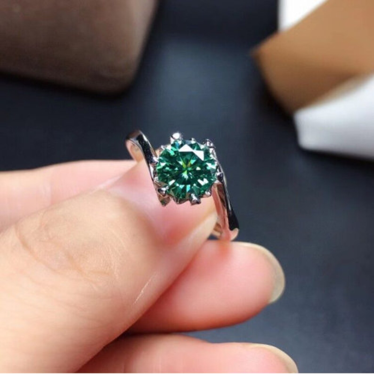 Green 3 Carat Moissanite 925 Sterling Silver Ring