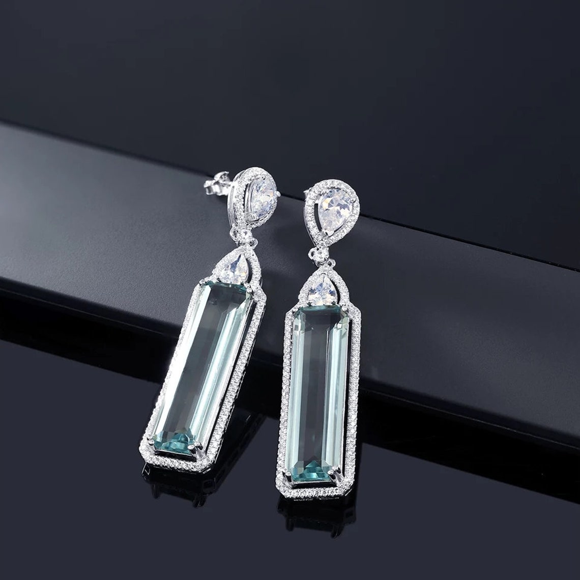 Lab Aquamarine Drop Earrings 925 Sterling Silver Aquamarine Etsy
