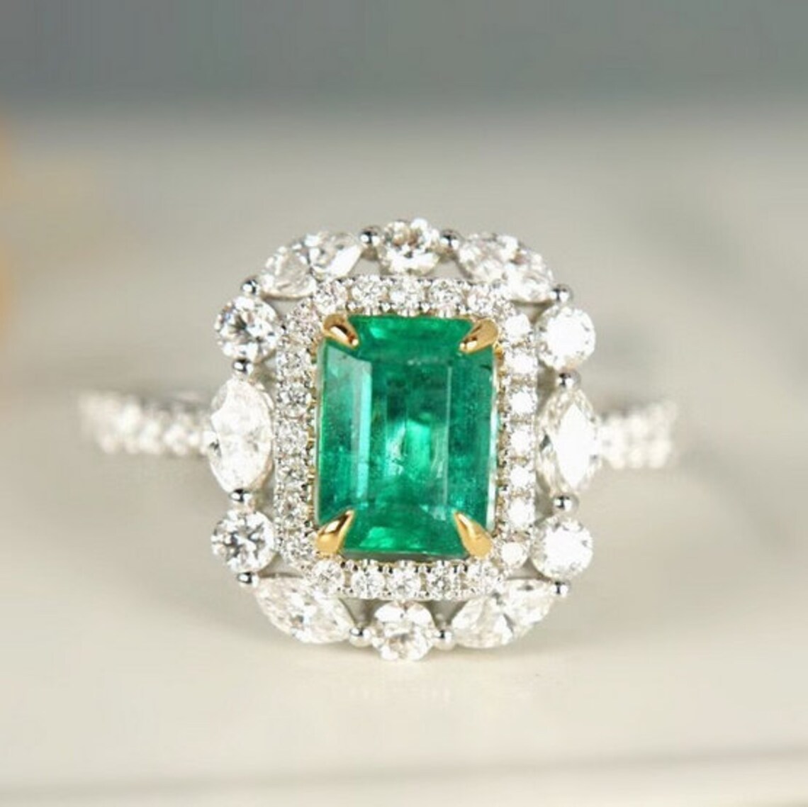 Koral Jewelry Created Emerald Delicate Ring - 925 Sterling Silver, Vintage Boho Chic Style, US Sizes 5-9