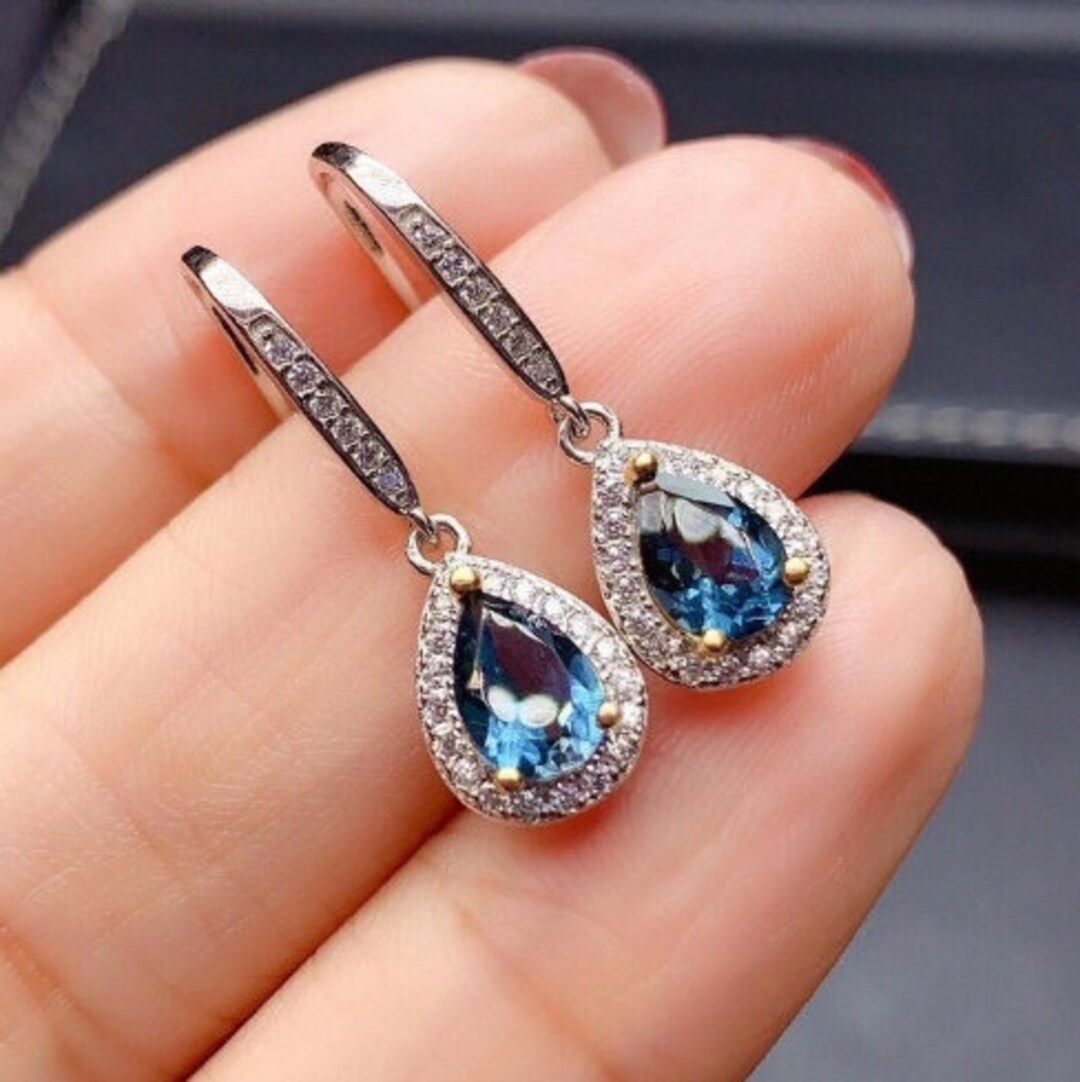 Natural Blue Topaz Drop Earrings 925 Sterling Silver Drop Etsy