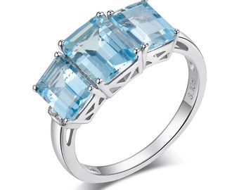 Anillo de aguamarina natural, plata de ley 925, anillo de aguamarina, anillo de compromiso, anillo de boda, anillo de lujo, anillo / banda, anillo de corte esmeralda