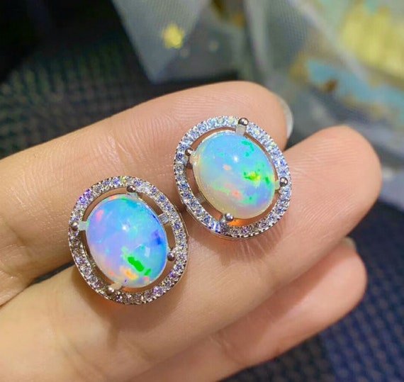 Natural Opal Studs Earrings 925 Sterling Silver Opal Studs