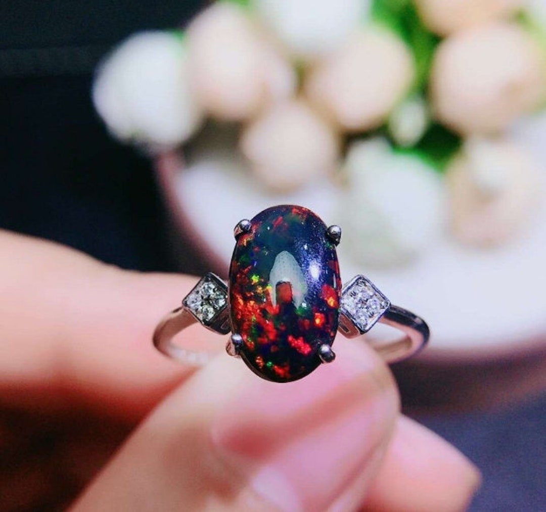 Natural Black Opal Ring,925 Sterling Silver,engagement Ring