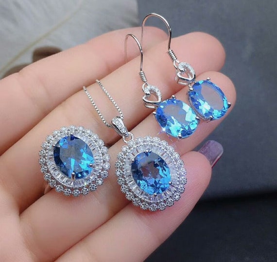 Natural Blue Topaz Jewelry Set Engagement Ring Blue Topaz