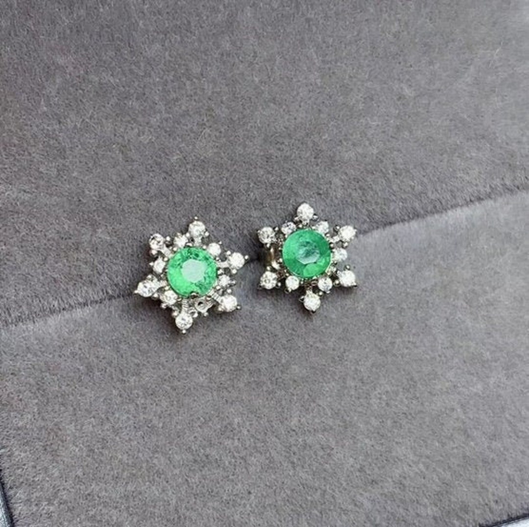Natural Emerald Studs Earrings, 925 Sterling Silver, Emerald Earrings ...
