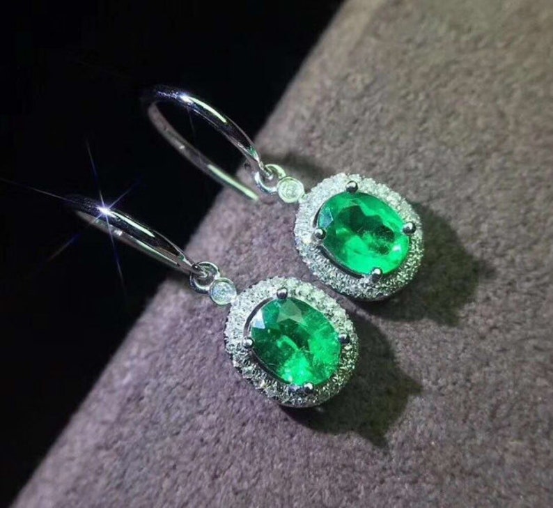 Natural Emerald Drop Earrings, 925 Sterling Silver, Emerald Drop Earrings, Emerald Silver Earrings, Luxury Earrings, Oval Cut Stone Earrings image 2