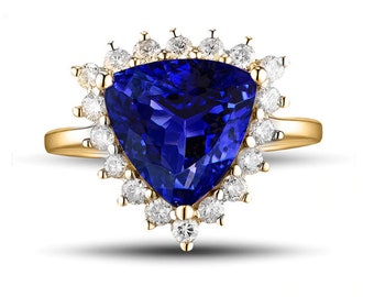 Natural Tanzanite Ring, 14k Solid yellow Gold Engagement Ring, Wedding Ring, Tanzanite Ring, luxury Ring, soliture Ring, Trillion cut Ring