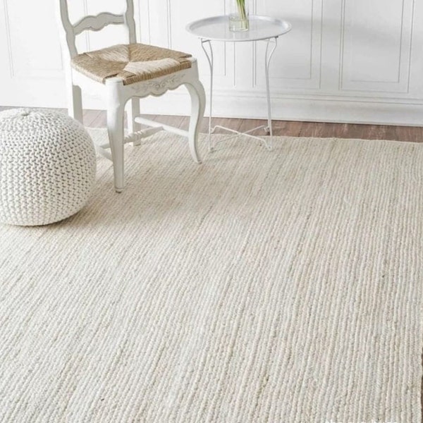 Off White Jute Area Rug - Ivory Beige Rug, Natural White Boho Jute Rug, Custom Size Rug, Indian Handwoven Rug, Bohemian Rug, White Large Rug