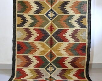 Handmade Area Rug For Bedroom |  Living Room | Dining Room | Office | Nursery | Yoga Mat | Garden, Eco  Friendly Wool Jute Kilim Dhurrie Rug