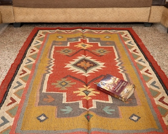 Handwoven Wool Jute Kilim Rug: Traditional Indian Dhurrie Rug, Navajo Kilim Rug, Custom Size Jute Rug, Southwestern Rug, Vintage Kilim Rug
