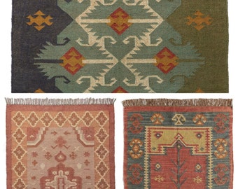 Handwoven Wool Jute Kilim Rug, Traditional Indian Dhurrie, Bohemian Decor